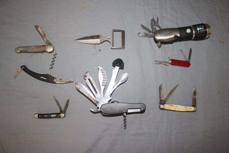 (3) Utility Pocket Knives, Camillus Single Blade Pocket Knife, Jowika 3 Blade Pocket Knife, Imperial 2 Blade Pocket Knife, Bowen Knife, and Flashlight Utility Knife