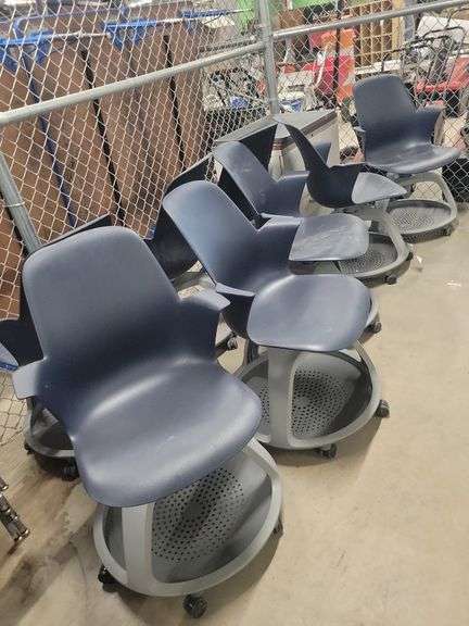 (8) Plastic Blue Swivel Chairs and Filing Cabinet image