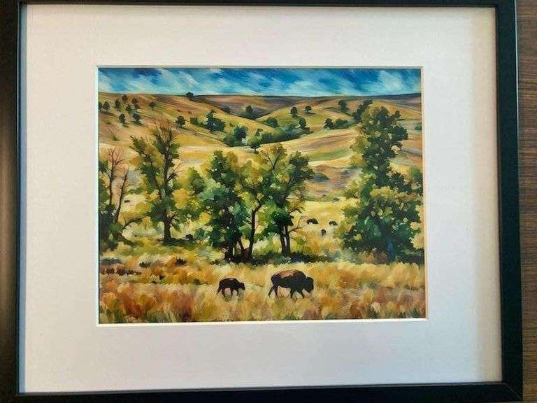Buffalo Grazing in Black Hills, South Dakota - Framed Watercolor image