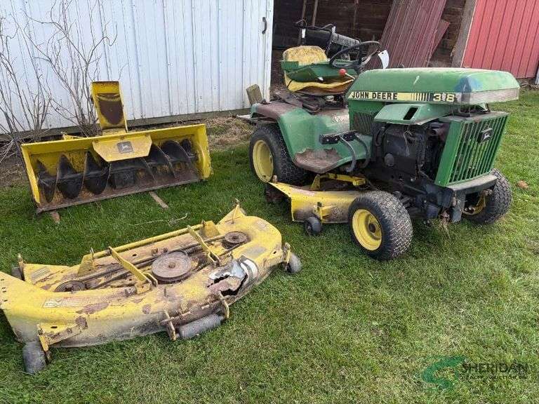 John Deere 318 Lawn Tractor with 2 mower decks and snowblower, not currently running image