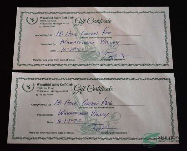 (2) Certificates for 18 holes at Wheatfield Valley Golf Club image