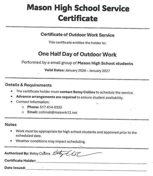 Mason High School Service Certificate image