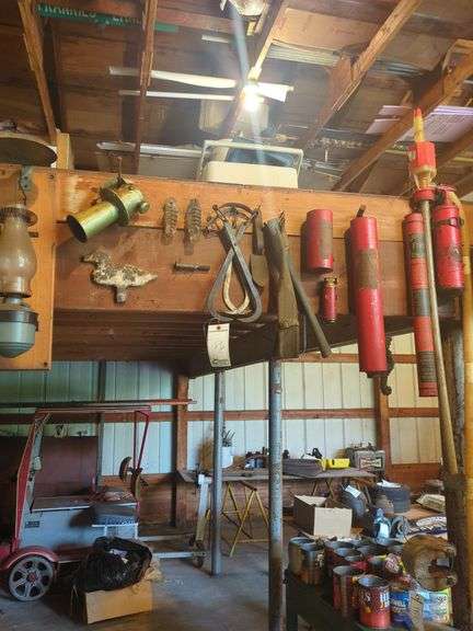 Misc Fire Extinguishers, Ice Tongs, Rail Coach Kerosene Lamp