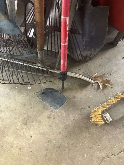 Misc yard tools, rakes, shovels, brooms, pitch fork