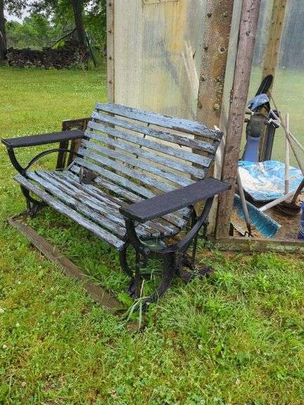 Wooden bench and contents of shed/greenhouse