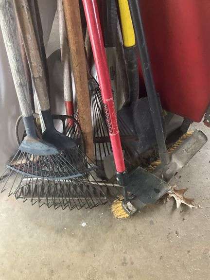 Misc yard tools, rakes, shovels, brooms, pitch fork