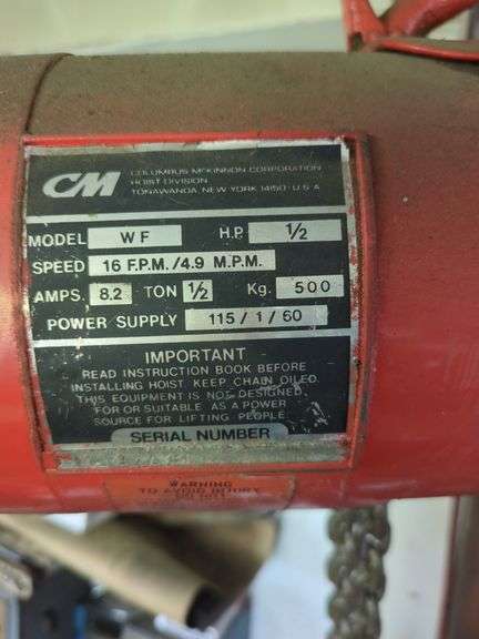 1/2 Ton electric chain fall, does not include trolley