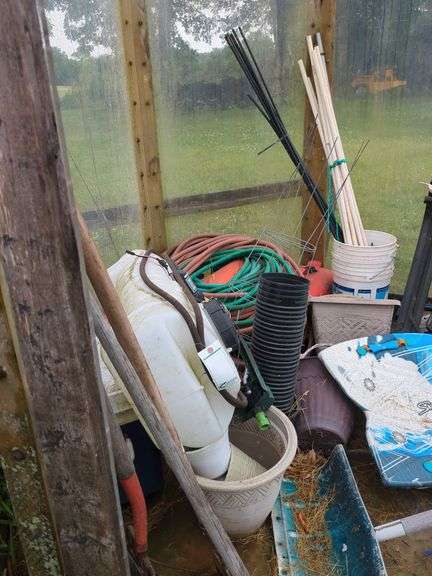 Wooden bench and contents of shed/greenhouse