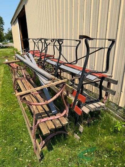 Numerous park benches