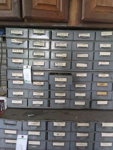 Metal nuts and bolts organizer and contents
