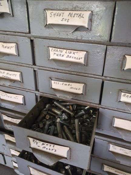 Metal nuts and bolts organizer and contents