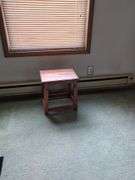 TV, end table, glass end table, platform to bed