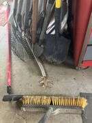 Misc yard tools, rakes, shovels, brooms, pitch fork