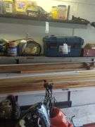 Contents of shelf, rubber made tool box with tools, battery charger, metal tool box, does not include jugs