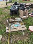Misc. size shepherd hooks, trellis, step 2 wagon, wine barrel rings, & wind spinner chimes, row:4