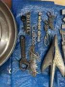 Tarps, auto trim items, and 2 DeSoto hubcaps