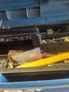 Contents of shelf, rubber made tool box with tools, battery charger, metal tool box, does not include jugs