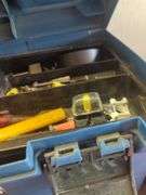 Contents of shelf, rubber made tool box with tools, battery charger, metal tool box, does not include jugs