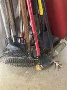Misc yard tools, rakes, shovels, brooms, pitch fork