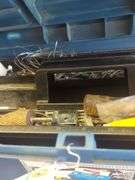 Contents of shelf, rubber made tool box with tools, battery charger, metal tool box, does not include jugs