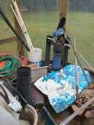 Wooden bench and contents of shed/greenhouse