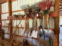 Numerous rakes and shovels