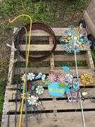 Misc. size shepherd hooks, trellis, step 2 wagon, wine barrel rings, & wind spinner chimes, row:4