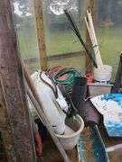 Wooden bench and contents of shed/greenhouse