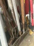 Misc yard tools, rakes, shovels, brooms, pitch fork