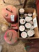 3 Gas cans and box of oil