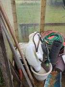 Wooden bench and contents of shed/greenhouse