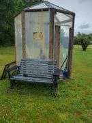 Wooden bench and contents of shed/greenhouse