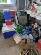 Misc paint tools, cleaners hoses, fire extinguisher, coolers
