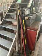 Misc yard tools, rakes, shovels, brooms, pitch fork