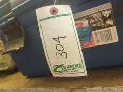 Contents of shelf, rubber made tool box with tools, battery charger, metal tool box, does not include jugs