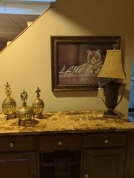 Lamp, table decorations, and picture. Does not include granite wine bar image