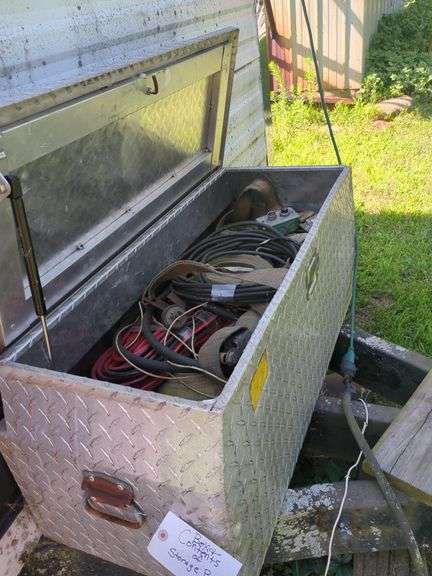 aluminum storage box and contents, straps, electric cord