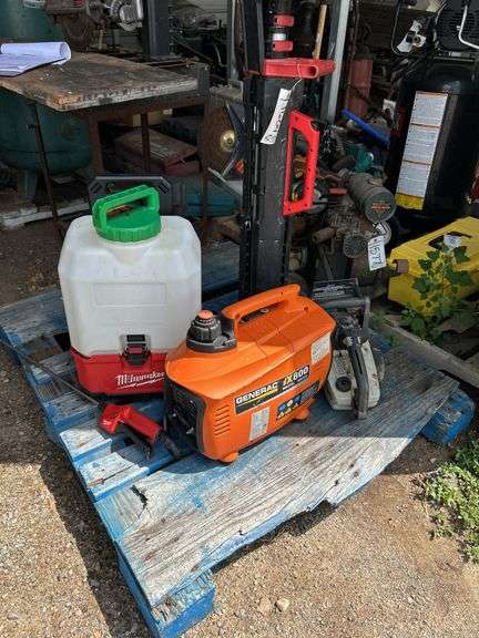 Small Generac generator, Craftsman chainsaw, Milwaukee M18 sprayer, & Milwaukee power light, bldg:green image
