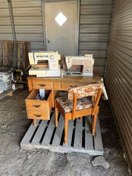 Portable Singer sewing machine & sewing machine in cabinet, bldg:locked image