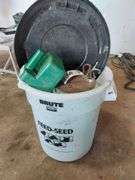 (3) Hanging Feeders, Feed Scoop, and Brute Barrel w/ Lid