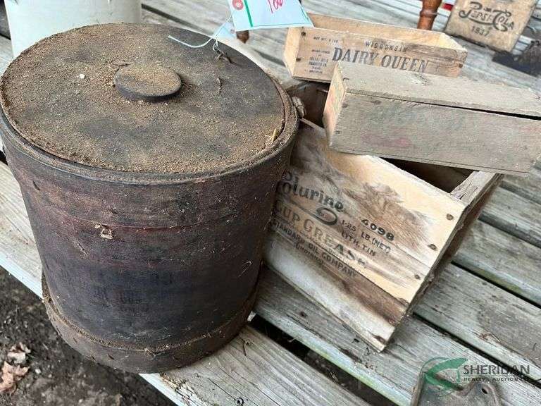 Wooden cup grease box and barrel, small wooden boxes and crate of syrup bottles image