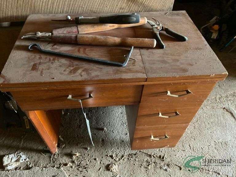 Antique sewing desk and tools image