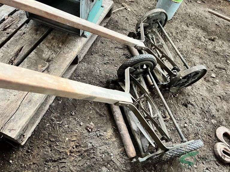 Pair of Manual rotary mowers, 1 is a Defiance image