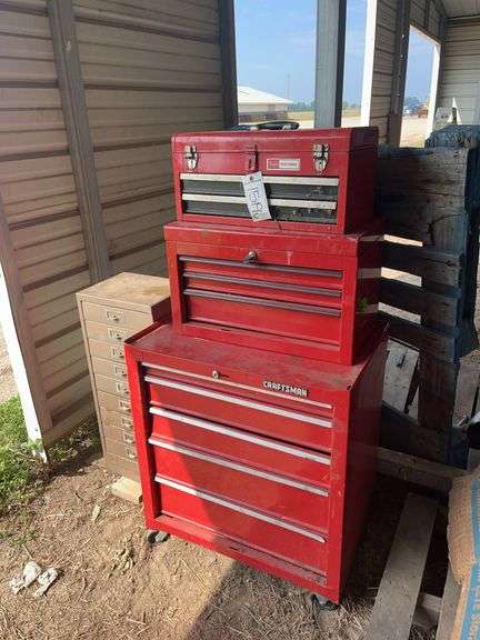 (3) Craftsman stackable tool chests full of tools and (1) grey tool box, bldg:green image