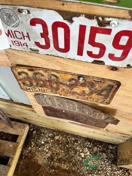 Vintage Michigan 1914 License Plates, metal and porcelain, additional metal historic license plates image