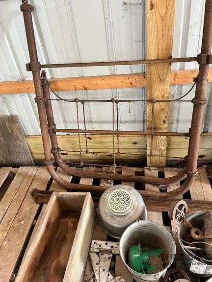 Primitive items - brass bed, milk strainer, wooden box, door hangers and misc. image
