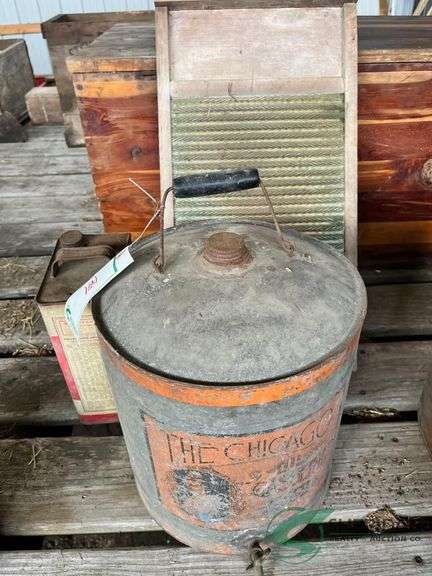 Vintage Washboard, Oil Lamp fuel can and antifreeze can image