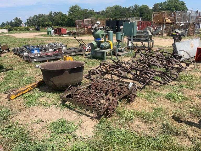 (2) Spring tooth drags, 3' rotary hoe, wrench boom, & cast iron caldron, row:8 image