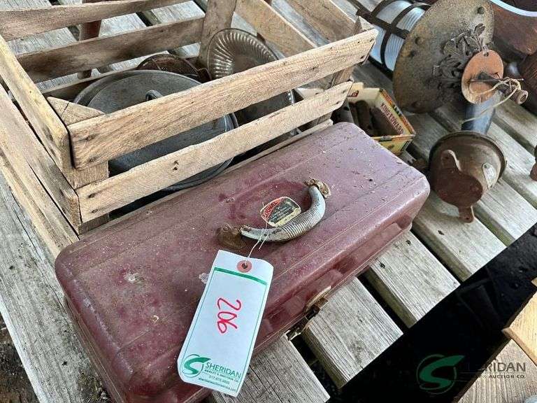 Wooden Crate, primitive lamp, toolbox and misc. image