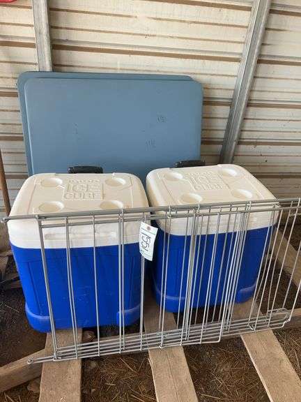 (2) card tables, (2) coolers, drying rack image